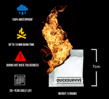 Load image into Gallery viewer, QuickSurvive The Best Fire Starters For Camping and Outdoors - Waterproof fire starters - formerly quick fire starters. Campfire ring with QuickSurvive Fire Starter Packet Specifications , 100% waterproof, up to 10 min burn time, burns hot over 750 degrees, 30+ Year Shelf Life indoors or outdoors
